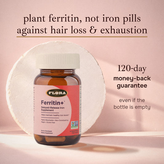 Ferritin+ plant ferritin iron bottle with the words plant ferritin, not iron pills, against hair loss and exhaustion, and a 120-day money-back guarantee