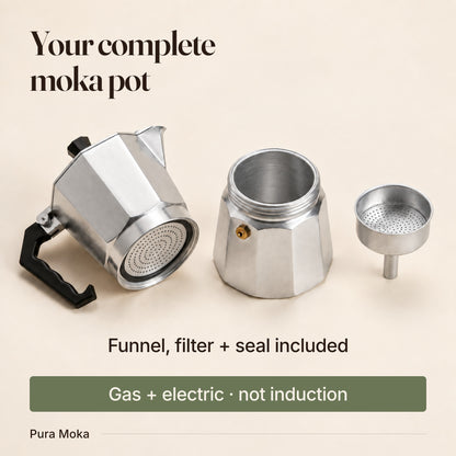 The complete aluminum Pura Moka pot, disassembled with its funnel and installed filter and seal. Works on gas and electric stoves, not induction.