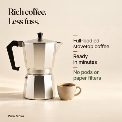 Octagonal aluminum Pura Moka pot and small coffee cup. Rich full-bodied stovetop coffee, ready in minutes, with no pods or paper filters.